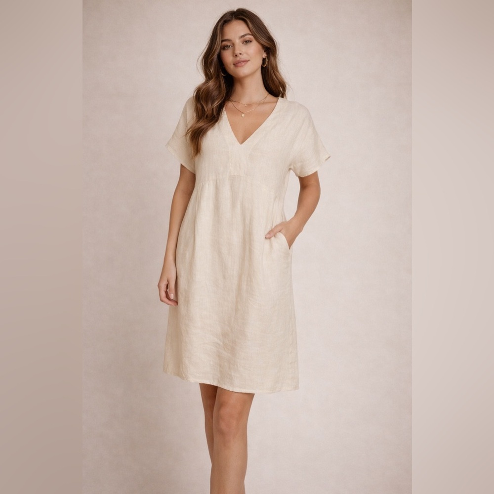 ✨🤍 Cappellini Italy Linen Shift Dress Cream Size 46‎ 🤍✨
